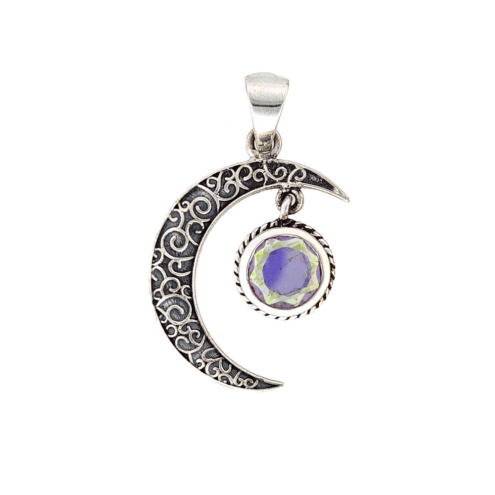 Pink iridescent stone moon pendant. 