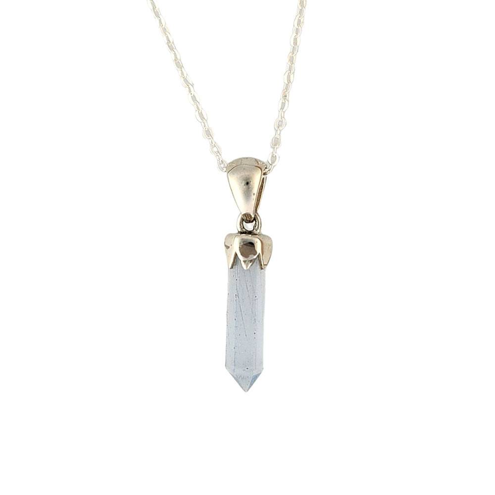 Blue Calcite point pendant on a chain necklace. 