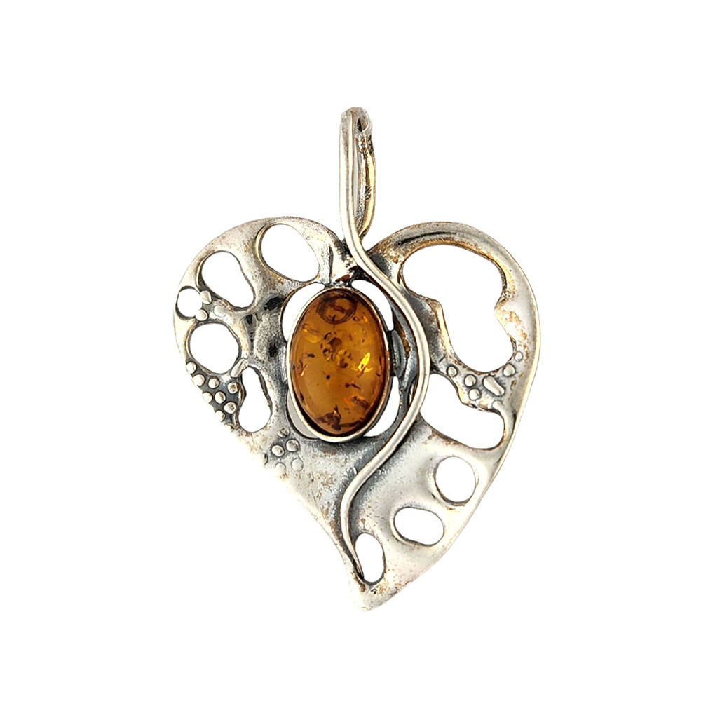 Brown Amber sterling silver heart pendant. 