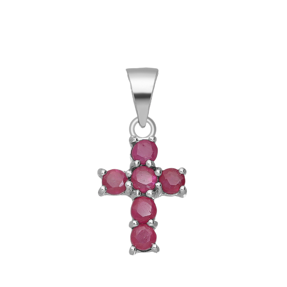 Faceted red Ruby sterling silver cross pendant. 