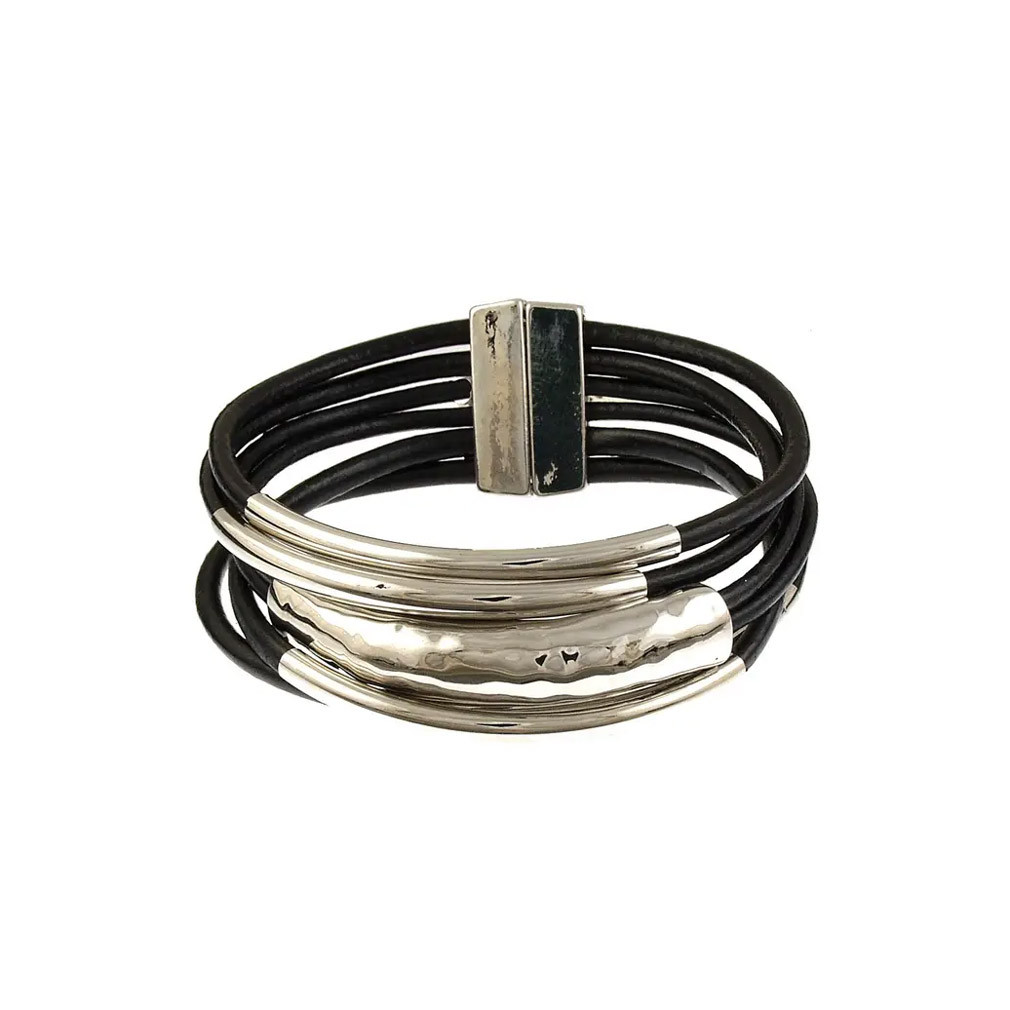 Matte rhodium silver black leather magnetic bracelet.  