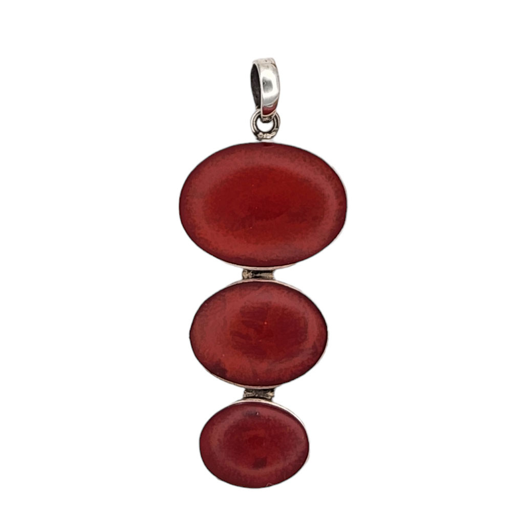Three stone red Coral sterling silver pendant. 
