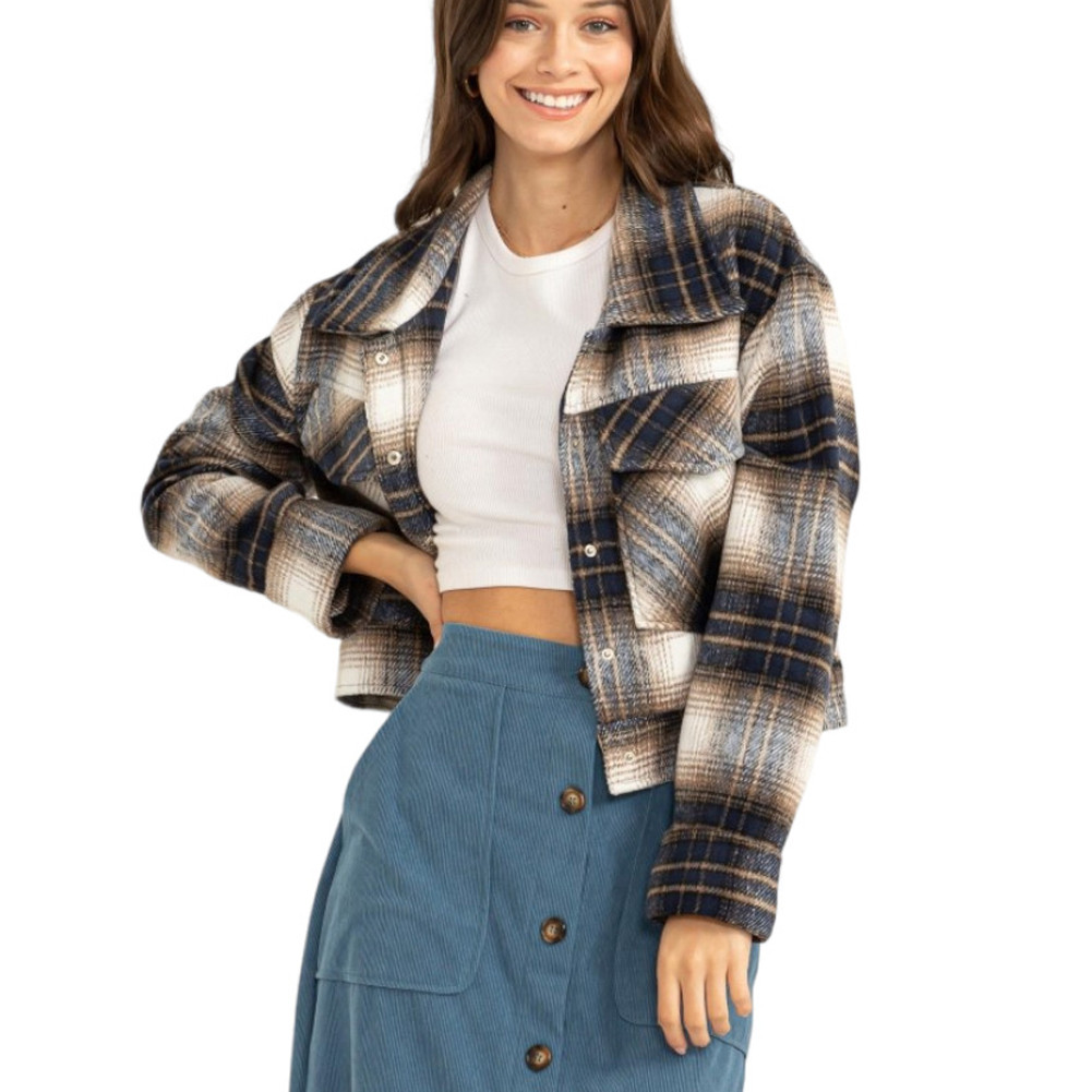 Navy Blue Plaid Cropped Jacket
