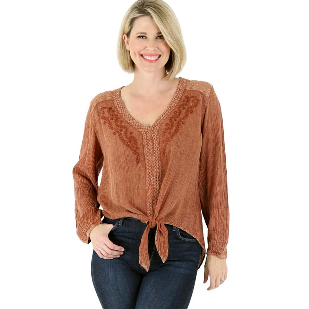 Brown Embroidered Tie Front Top with Lace Details