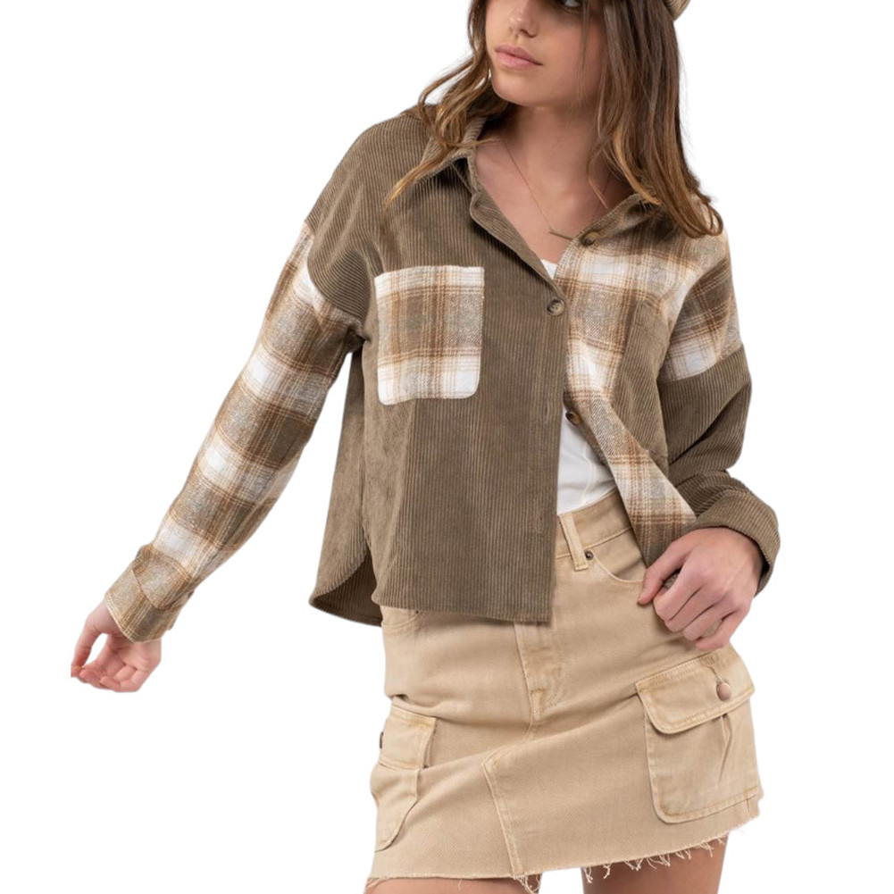 Blu Pepper Contrast Plaid Flannel and Corduroy Button Up Cropped Jacket