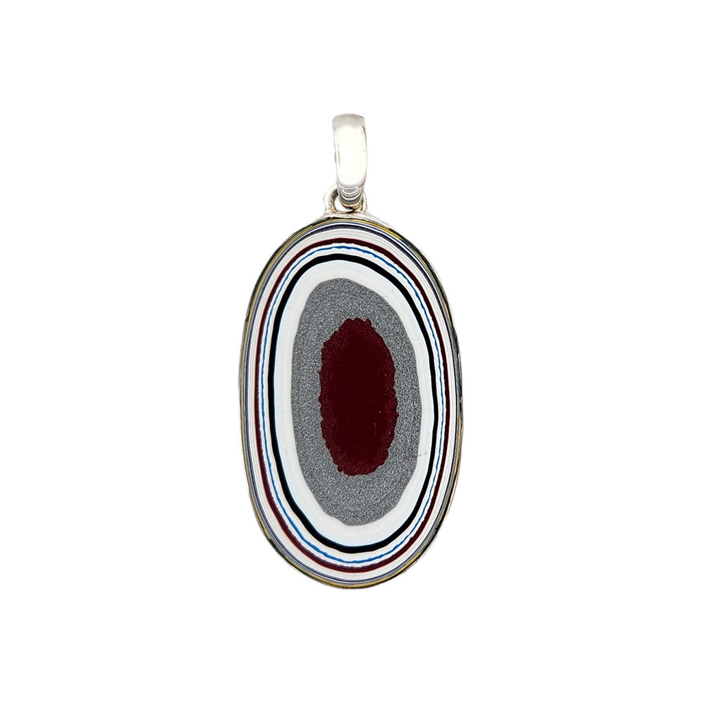 Large white, red and silver Fordite silver pendant. 