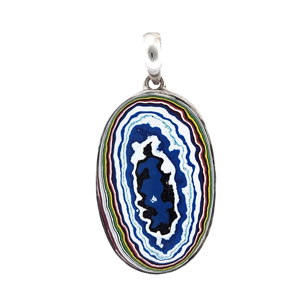 Large blue colorful Fordite sterling silver pendant. 