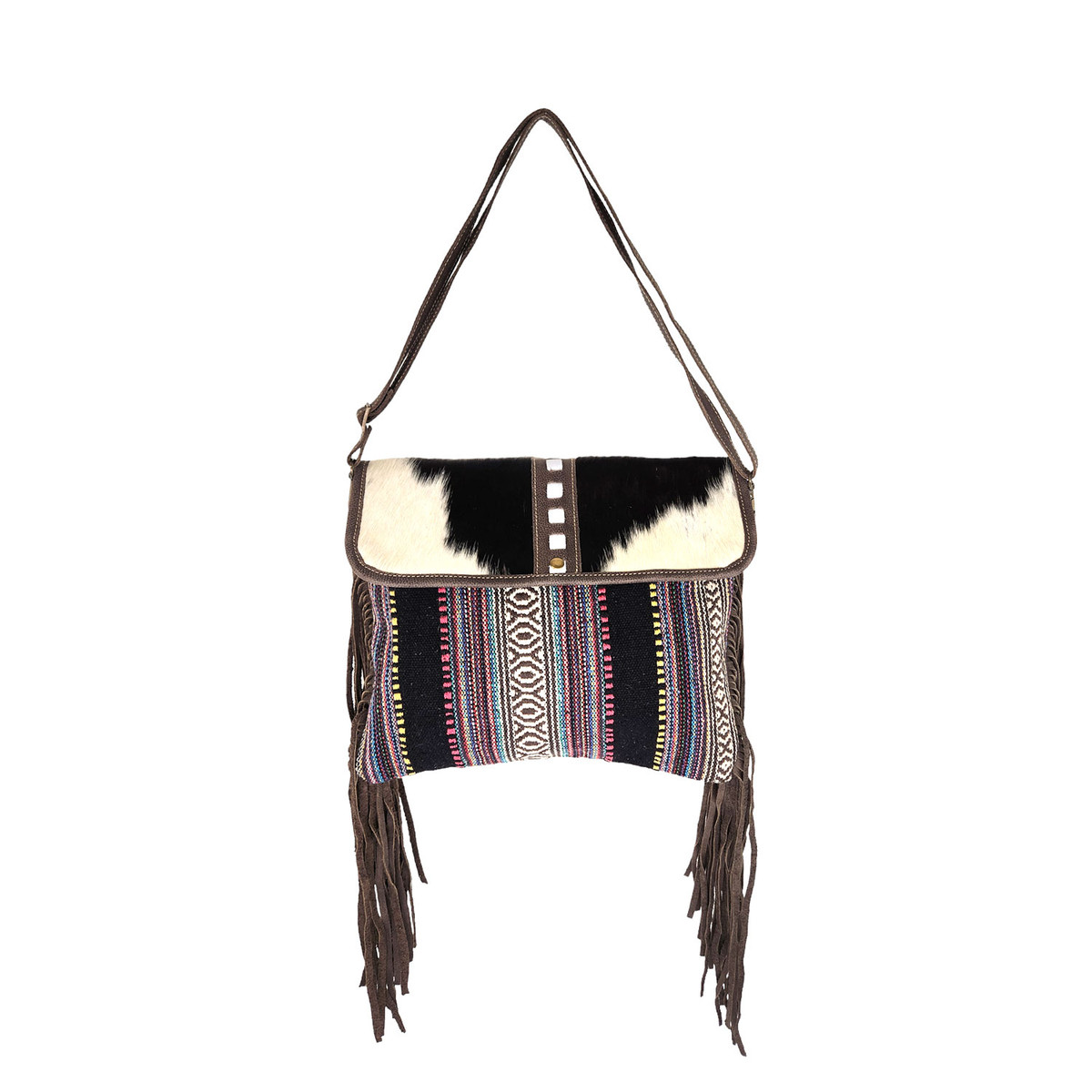 Front of colorful striped crossbody bag. 