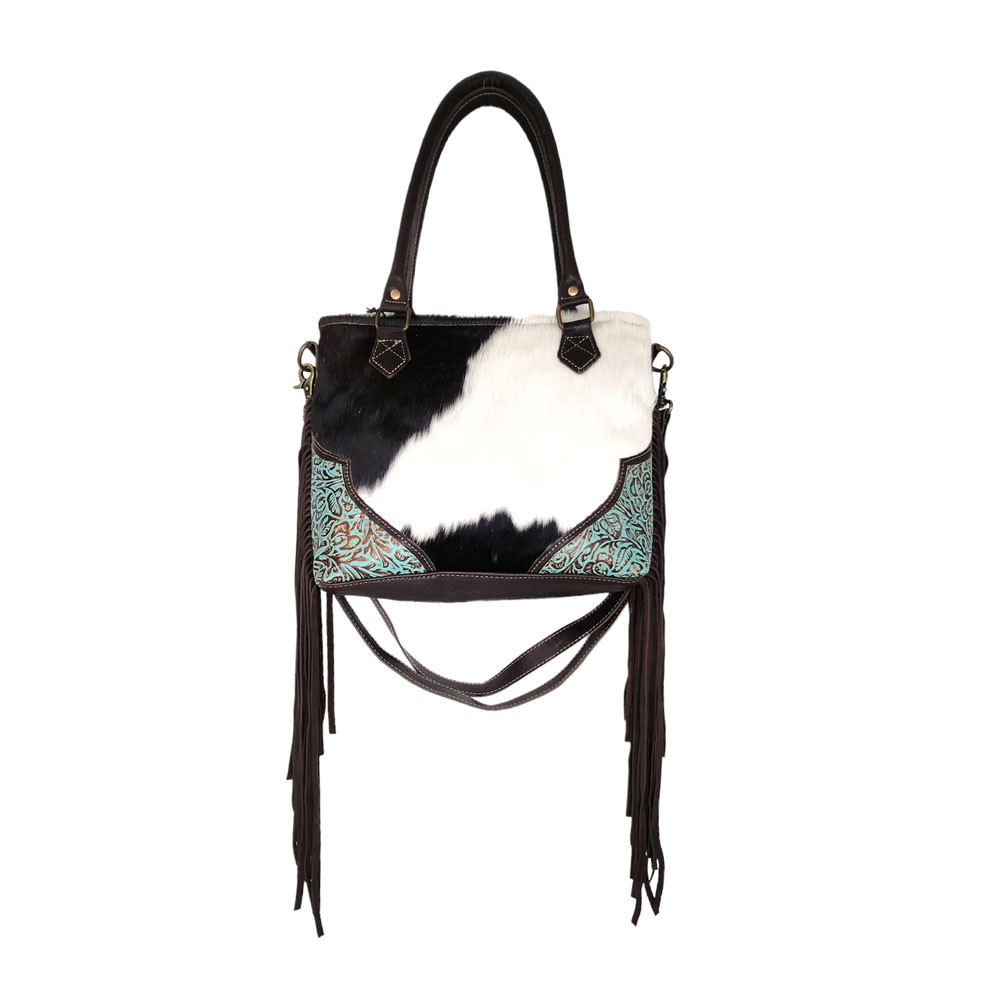 Sierra hand tooled hairon and leather shoulder purse.  