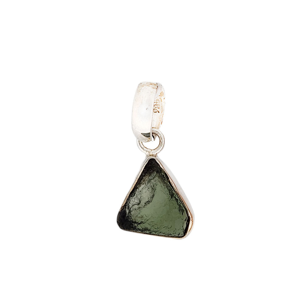 Triangle-shaped sterling silver Moldavite pendant. 