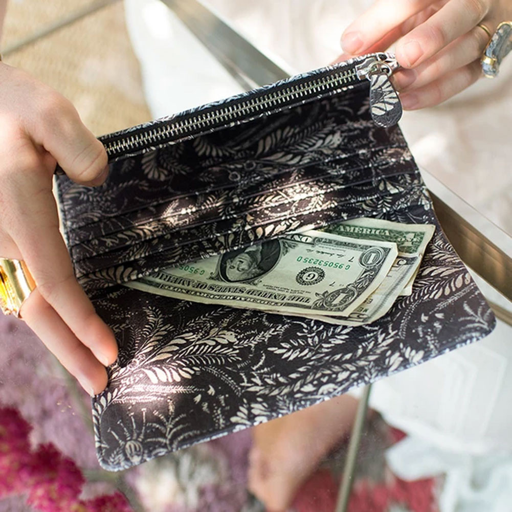 PAPAYA TRIFOLD WALLET TREE OF LIFE PURPLE LEOPARD BOUTIQUE