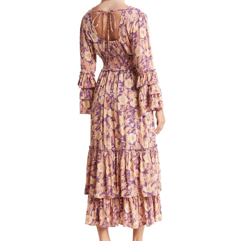 Long Sleeve Ruffle Midi Dress In Purple