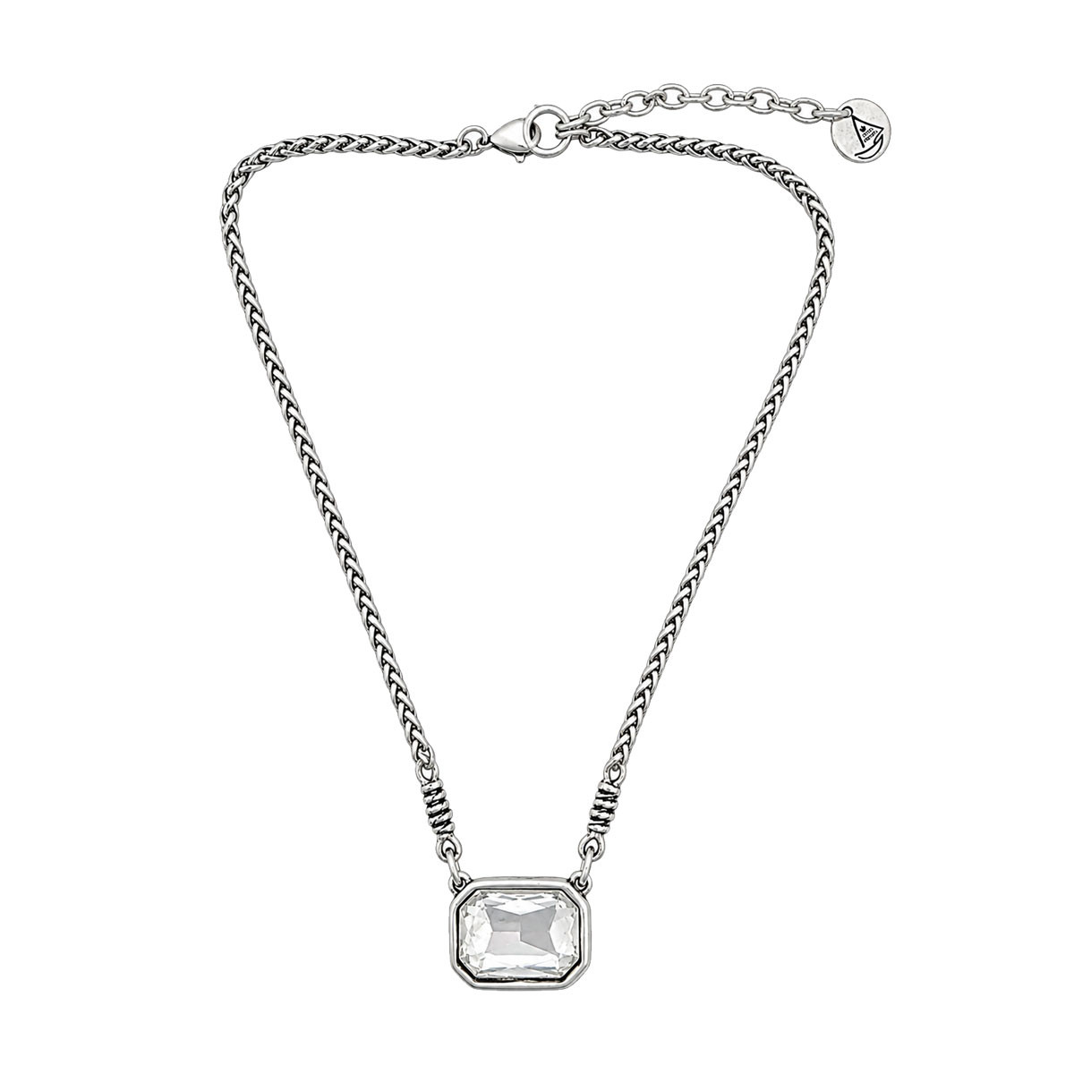 CLEAR LARGE RECTANGLE CRYSTAL SILVER PLATED NECKLACE | PURPLE