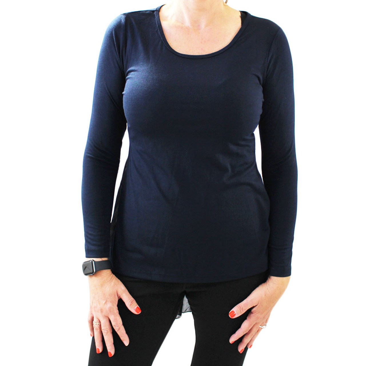 Navy Blue Women S Hi Low Long Sleeve Shirt Back Chiffon Purple