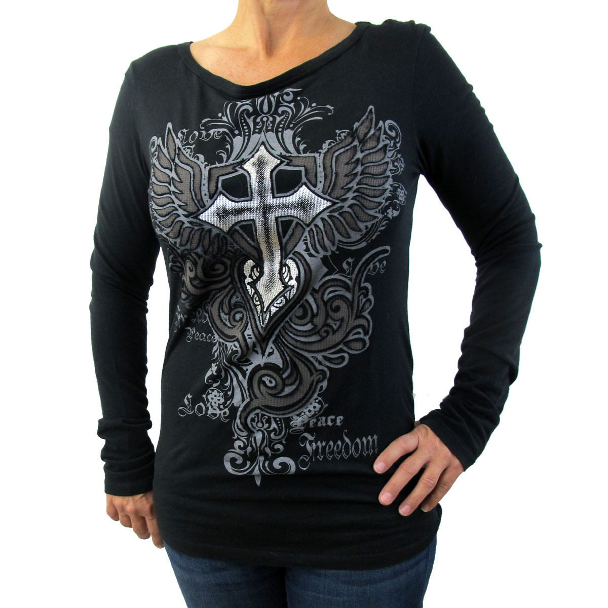 Urban X Women's Black T-Shirt Gothic Cross Wings Long Sleeve