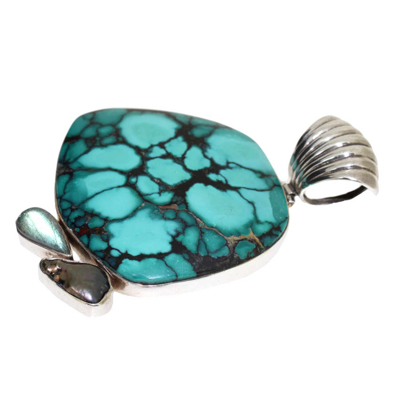 Turquoise Pendant With Blue Green Labradorite And Pearl Gemstone Sterling Silver Jewelry Purple Leopard Boutique