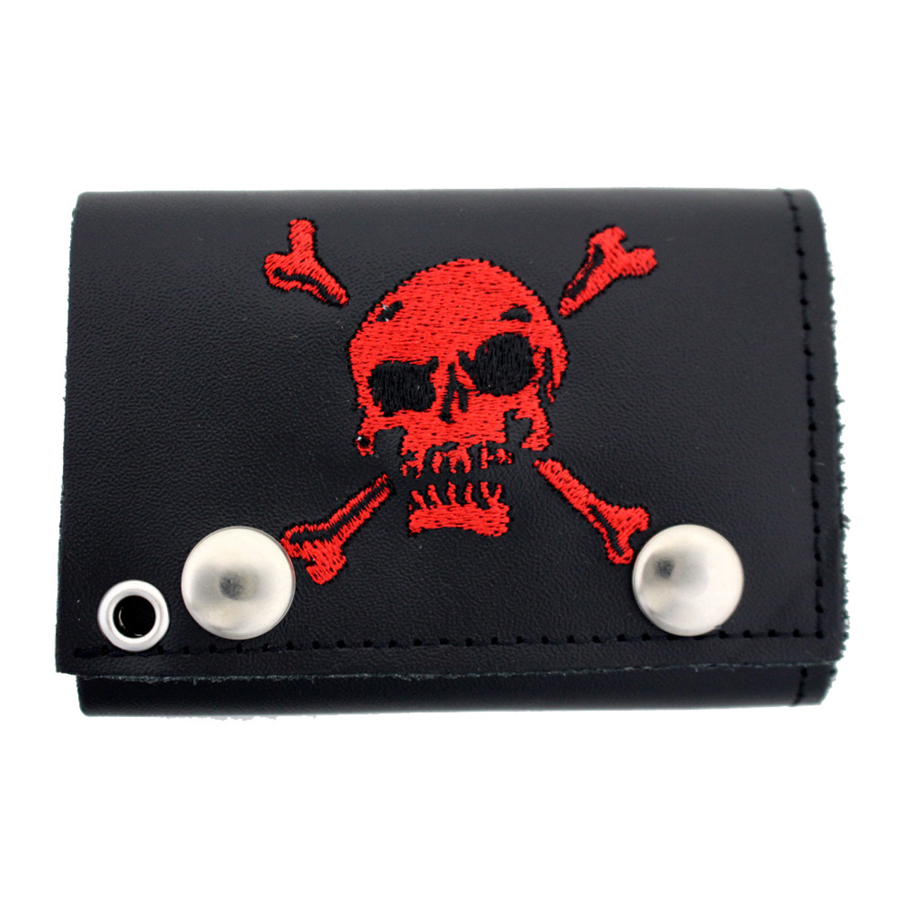 Men's Black Leather Chain Wallet Trifold Embroidered Red Skull
