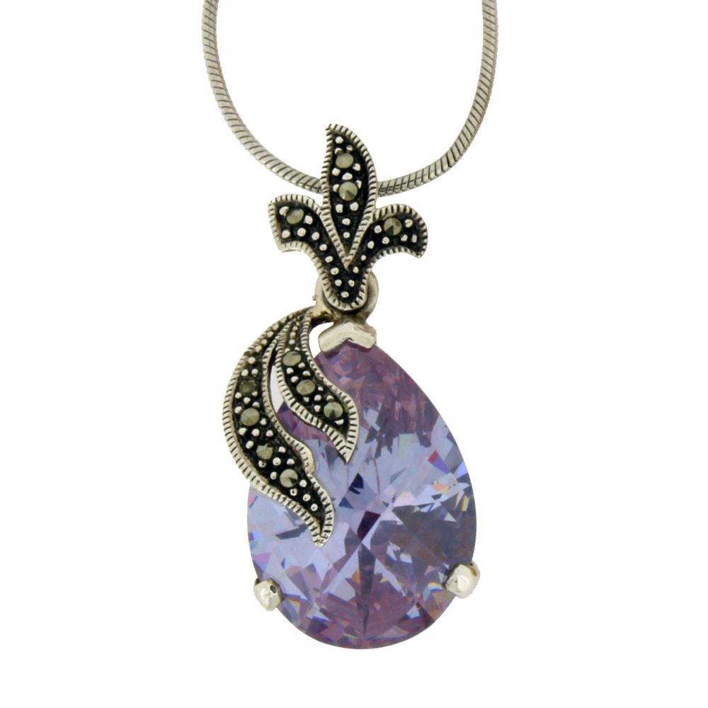 Purple CZ Marcasite Sterling Silver Pendant with 18