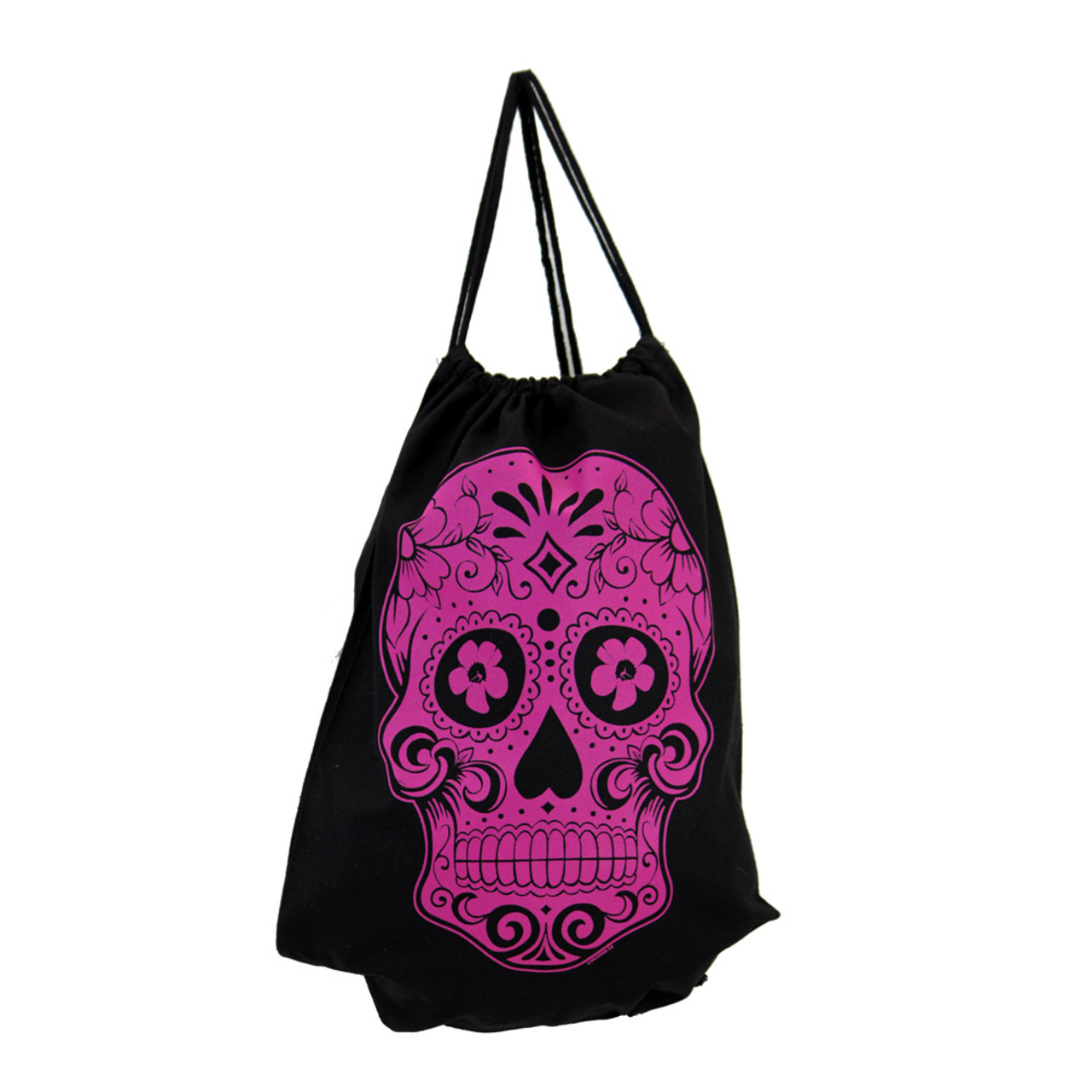 Black Drawstring Backpack Sack with Purple Day of the Dead Skull