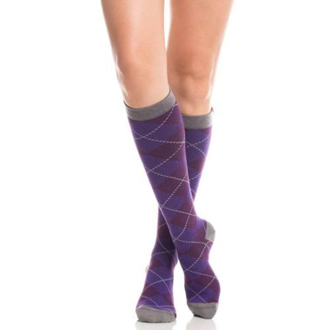 Women's Cotton Knee High Compression Socks Purple Argyle Purple