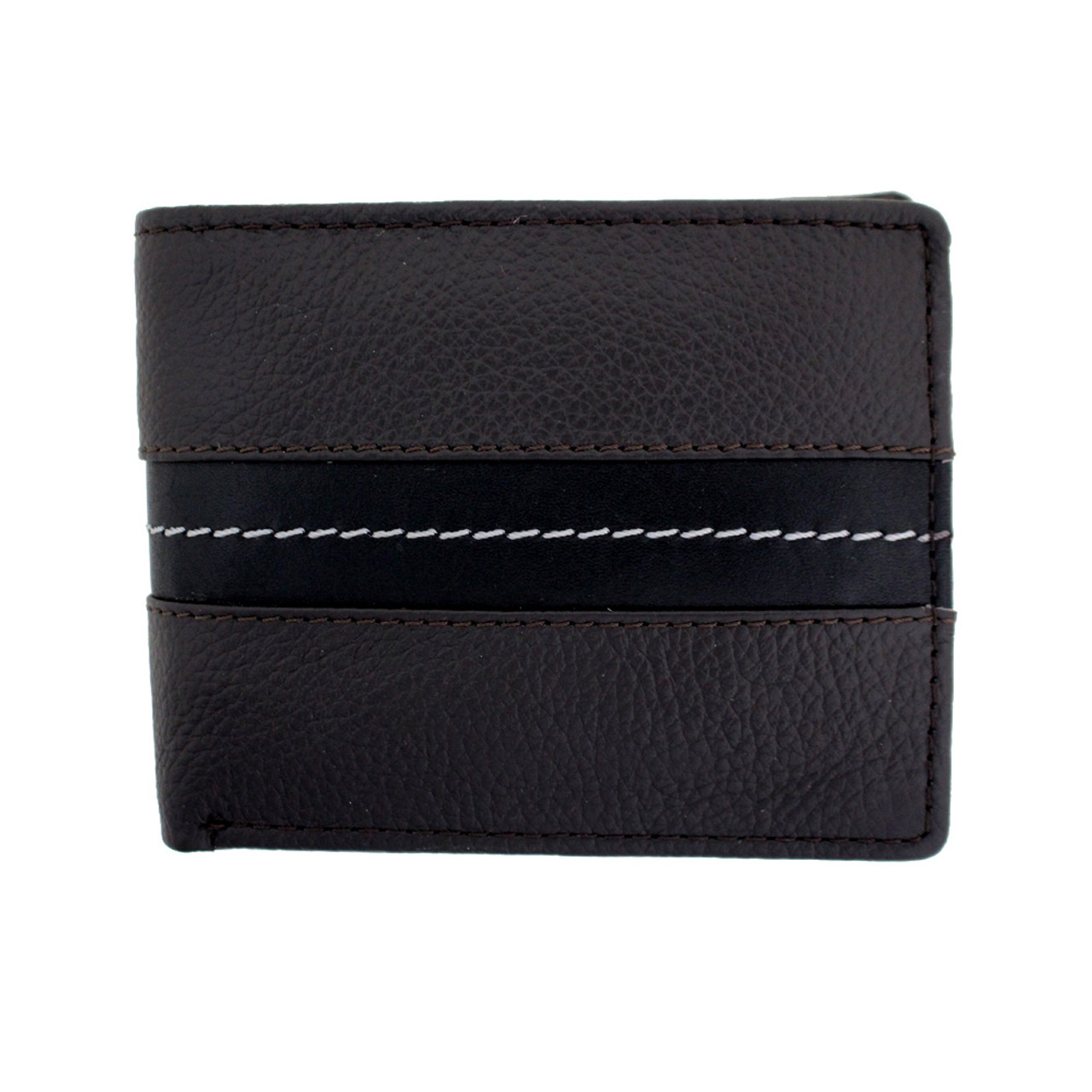 Men's Bi-Fold Genuine Brown Leather Wallet Black Stripe Billfold