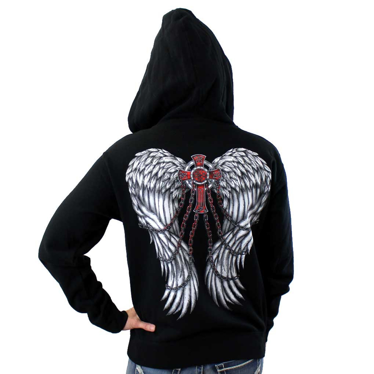 Black Zipper Hoodie Sweatshirt with Cross, Chains and Wings