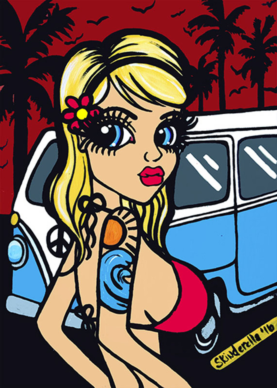 Cali Girl by Skinderella Canvas Giclee Art Print Rockabilly California  Surfer Pin Up Girl - Purple Leopard Boutique