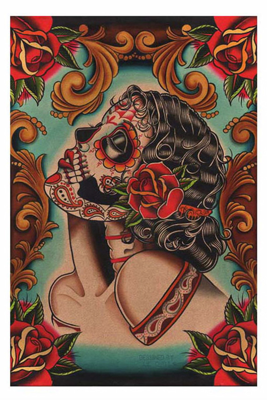 Muerta by Lil Chris Fine Art Print Day of the Dead Sugar Skull and Roses  Purple Leopard Boutique