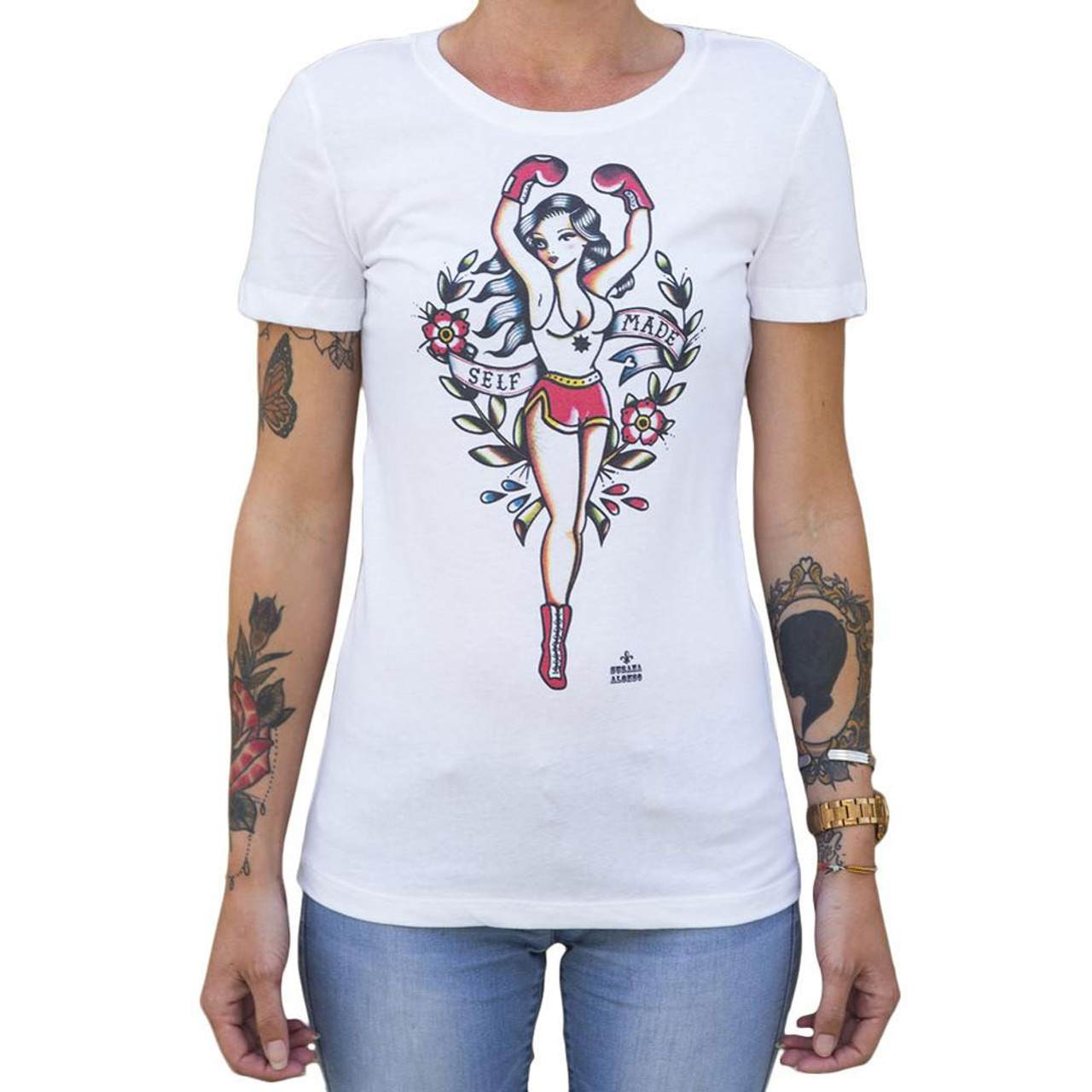 Self Made by Susana Alonso Women's Tattoo Art Tee Shirt Pin Up Girl Boxer -  Purple Leopard Boutique