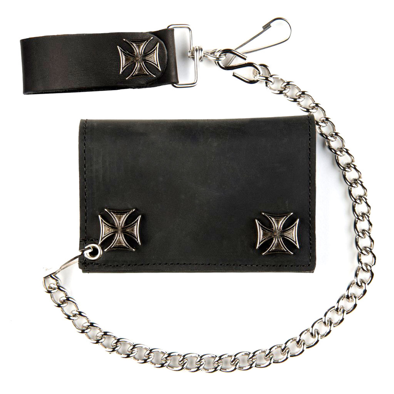 Men's Wallet Black Leather Biker Chain Tri-fold Silver Metal Iron Cross ...