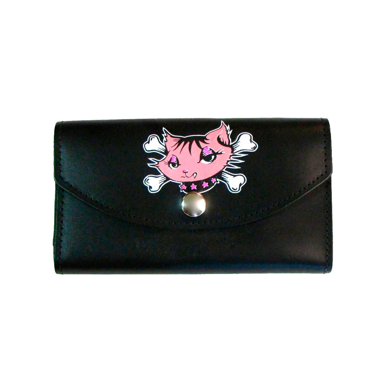 Women s Kitty with Crossbones Wallet Black Leather Checkbook Style Pocketbook