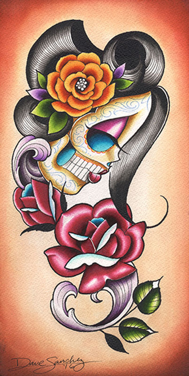 Love Street by Dave Sanchez Tattoo Art Print Day of the Dead Sugar Skull Couple