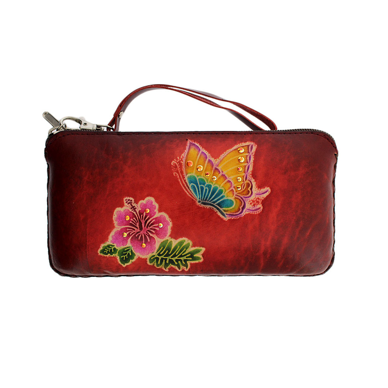 Vintage Cherry Blossom Leather Long Wallet Organizer with Zipper Purse  Clutch Bag for Women Men