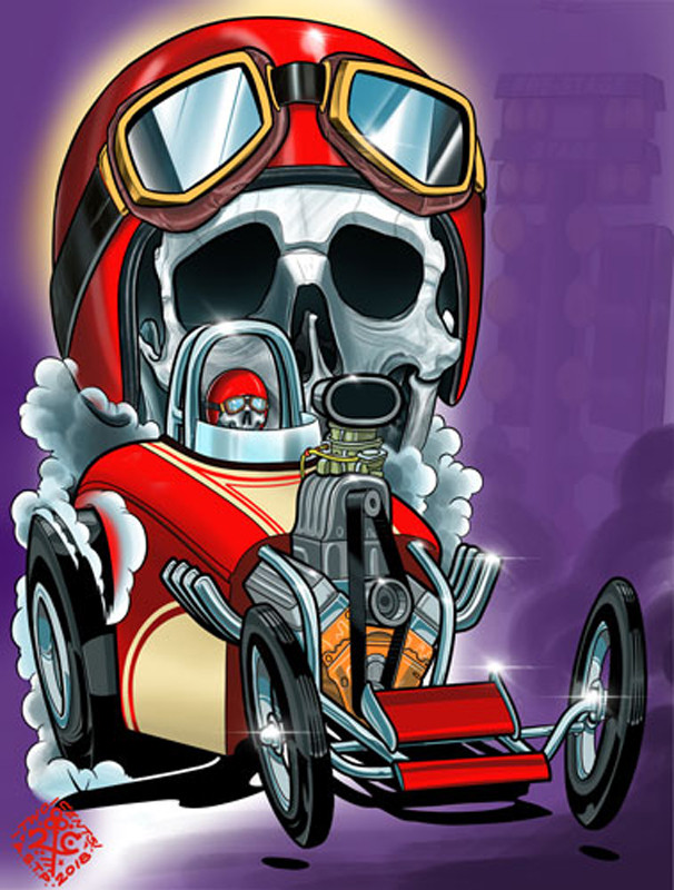 Life's A Drag by 2 Cents Skull Hot Rod Canvas Giclee Tattoo Art
