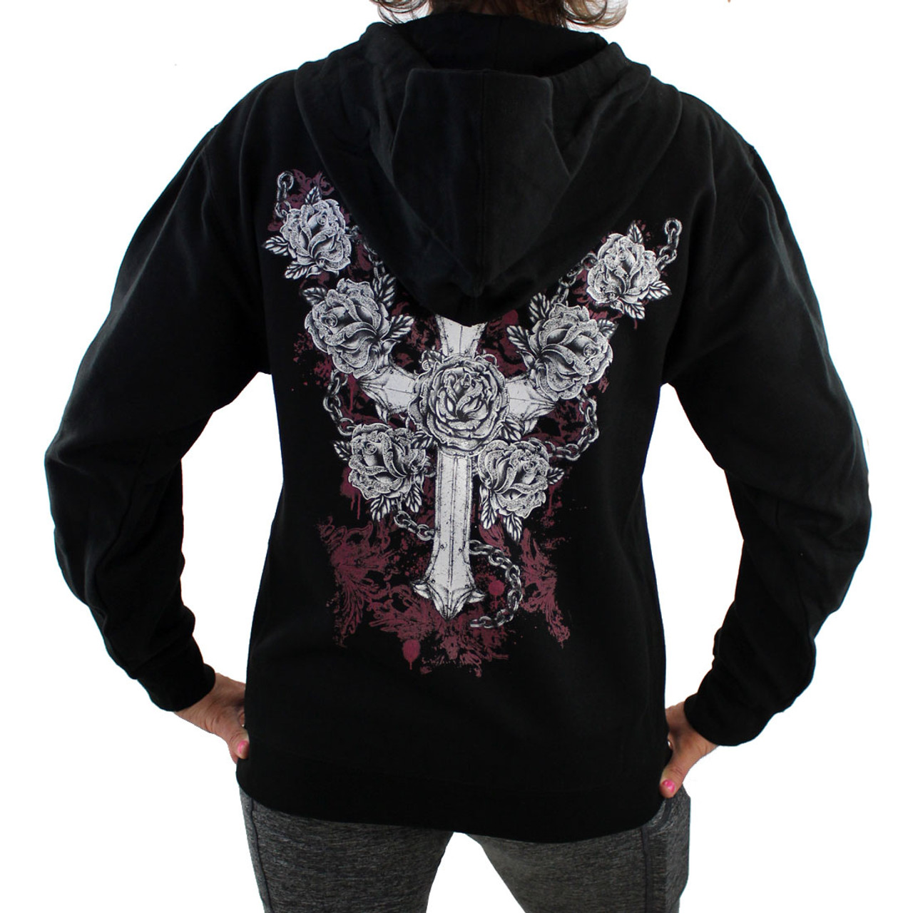 Black Fleece Zipper Hoodie Sweatshirt Cross and Roses