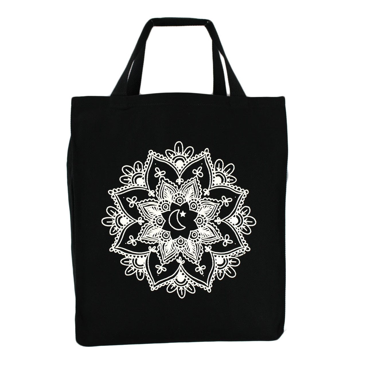 WHITE MANDALA ON BLACK COTTON GROCERY TOTE BAG | PURPLE LEOPARD BOUTIQUE