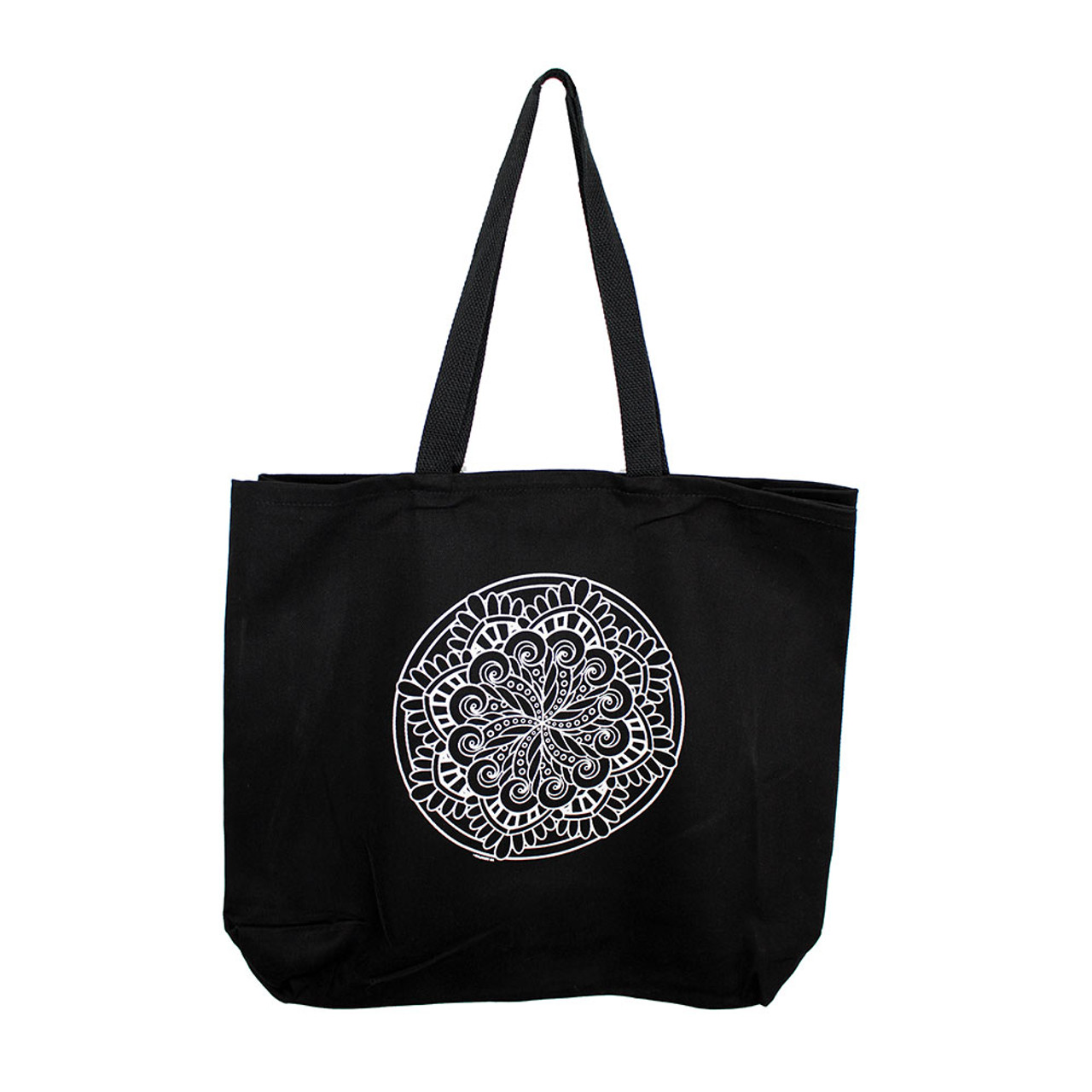 White Mandala Design on Large Black Cotton Canvas Tote Bag