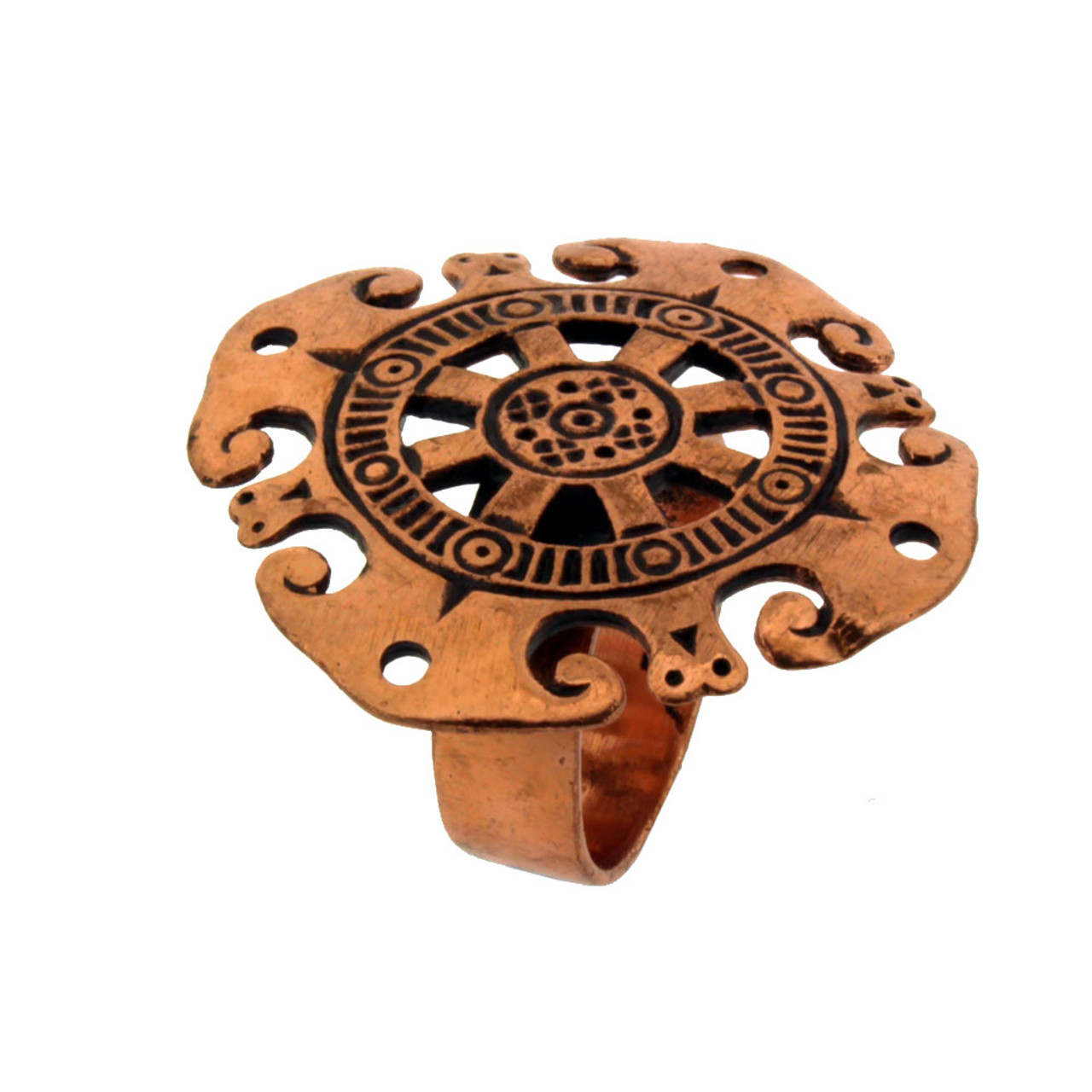 Large Copper Shield Ring Aztec Art Design