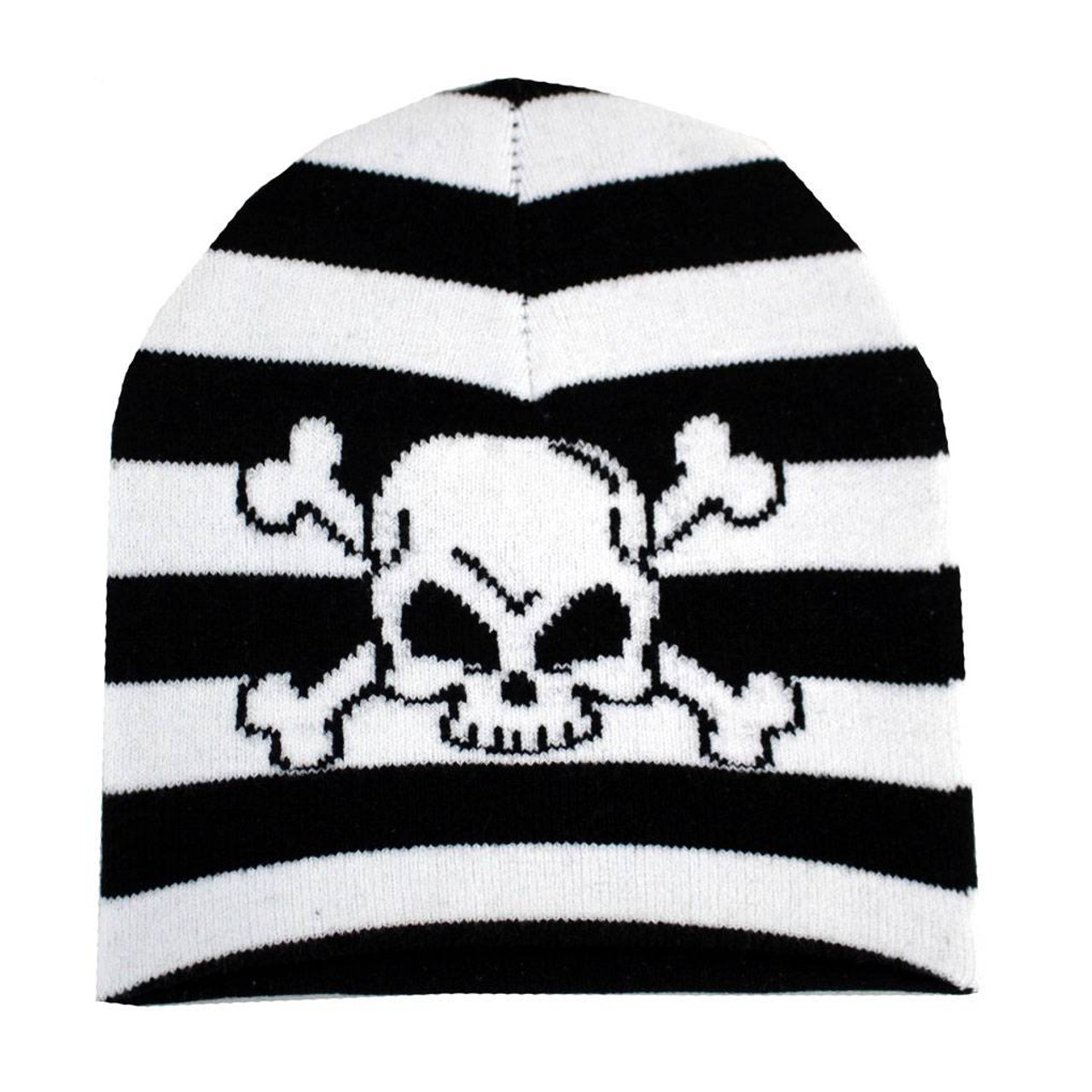 Skull and Crossbones Black White Striped Beanie