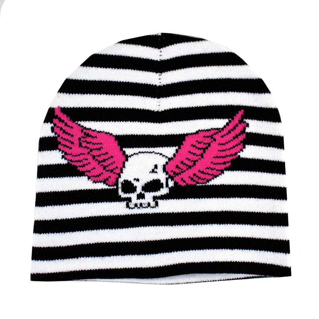 Skull Wings Black White Striped Beanie Knit Hat Punk Rock
