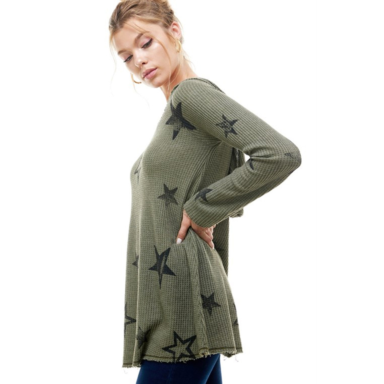 T-Party Hand Print Star Olive Green Waffle Knit Hoodie Top