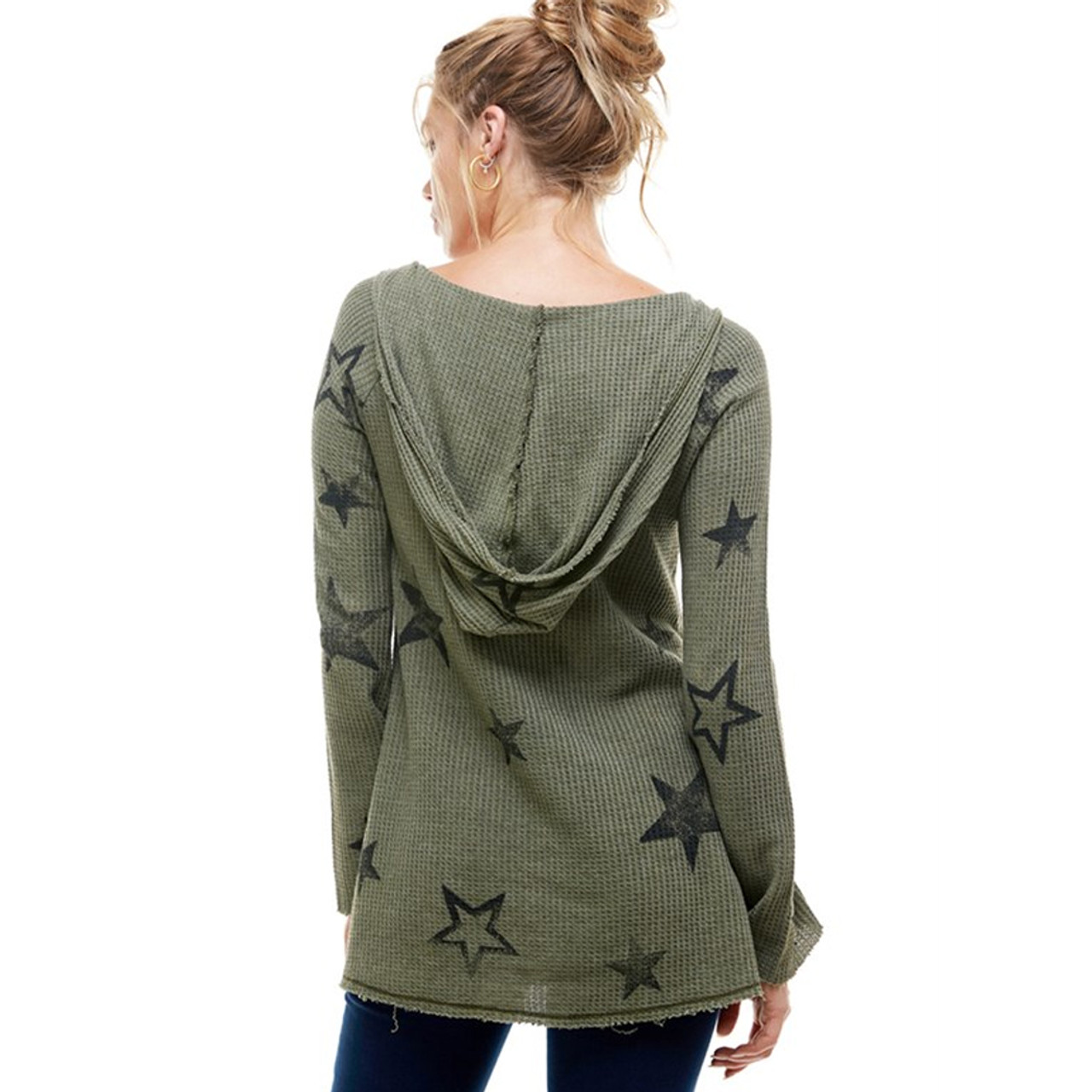 T-Party Hand Print Star Olive Green Waffle Knit Hoodie Top