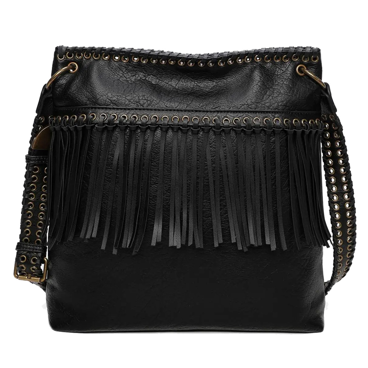 Boho Black Leather Fringe Crossbody Purse 