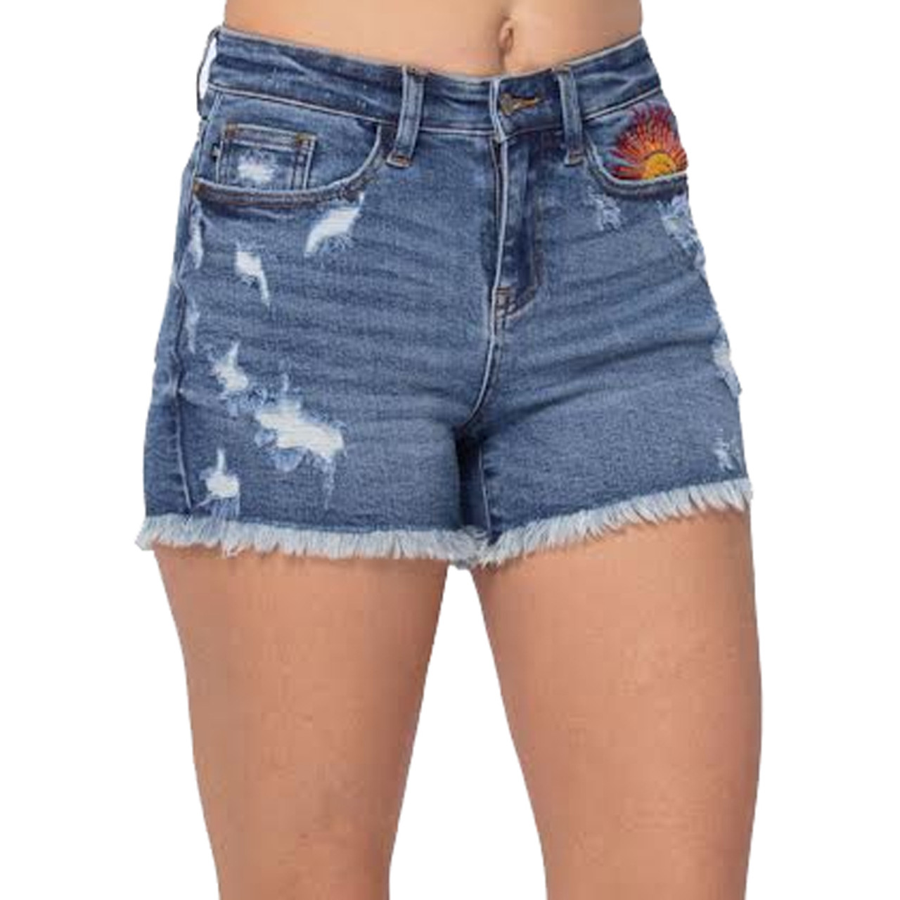 Judy Blue High Waist Sun Embroidery Cut Off Shorts Regular to Plus Size