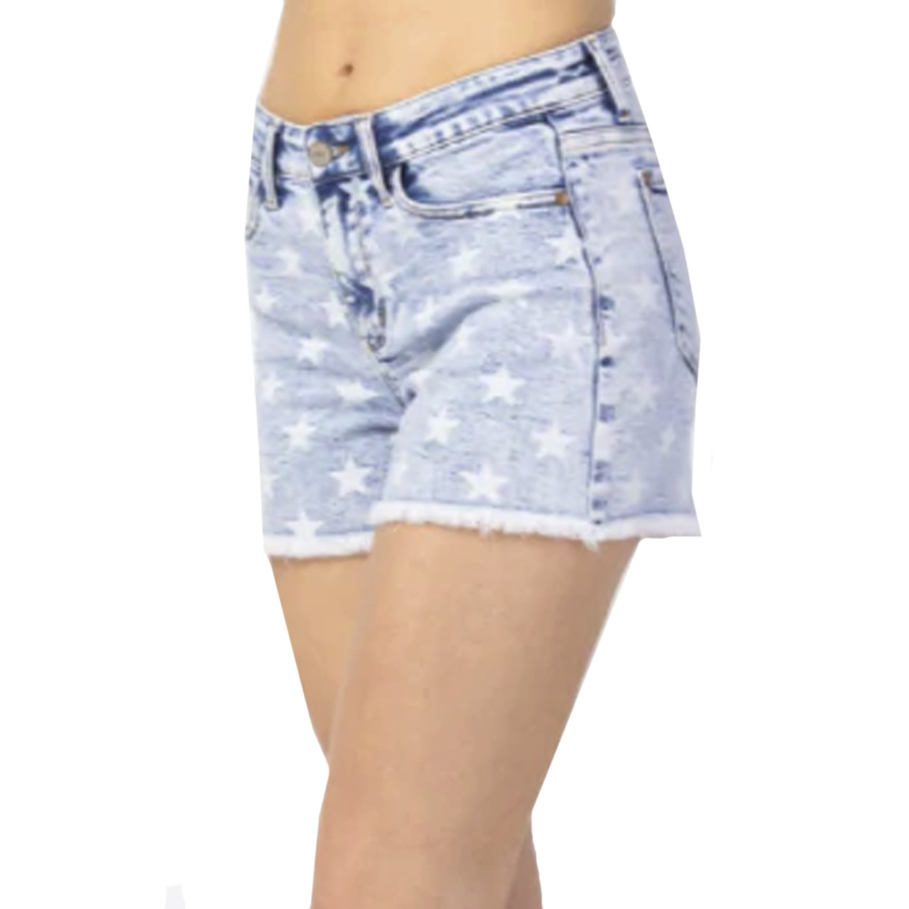 Judy Blue Mid Rise Star Print Acid Wash Cut Off Shorts Regular to Plus Size