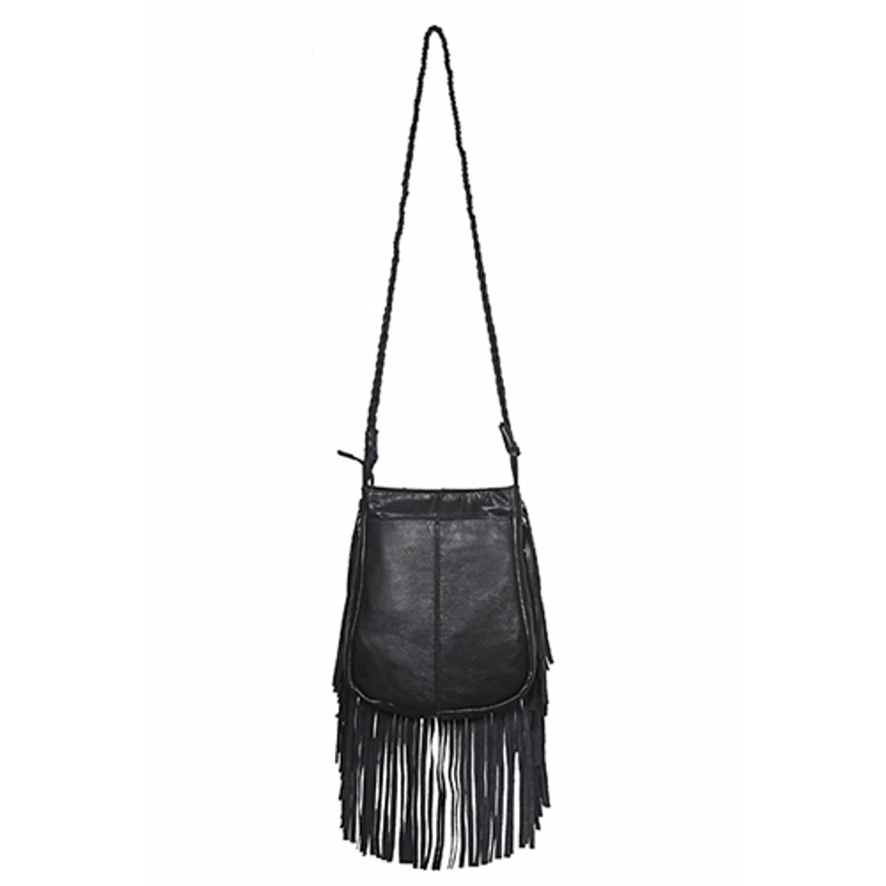 Boho Black Leather Fringe Crossbody Purse 