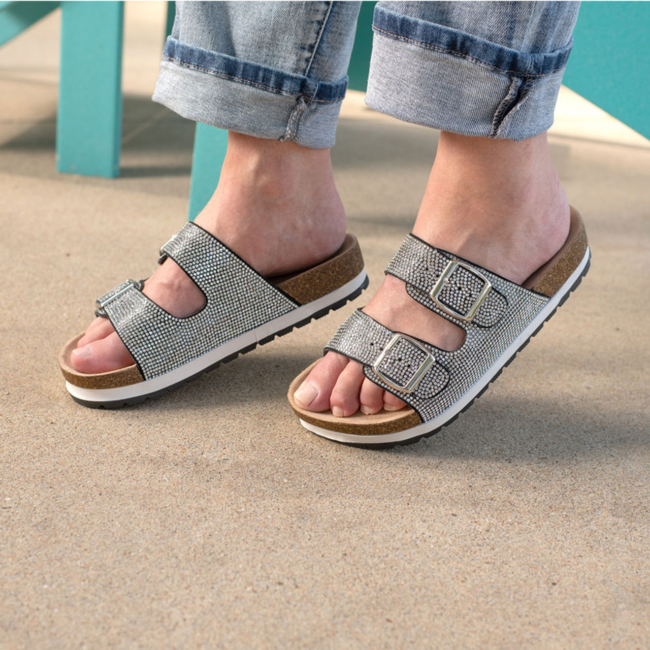 Two-Strap Crystal Footbed Slide Sandals