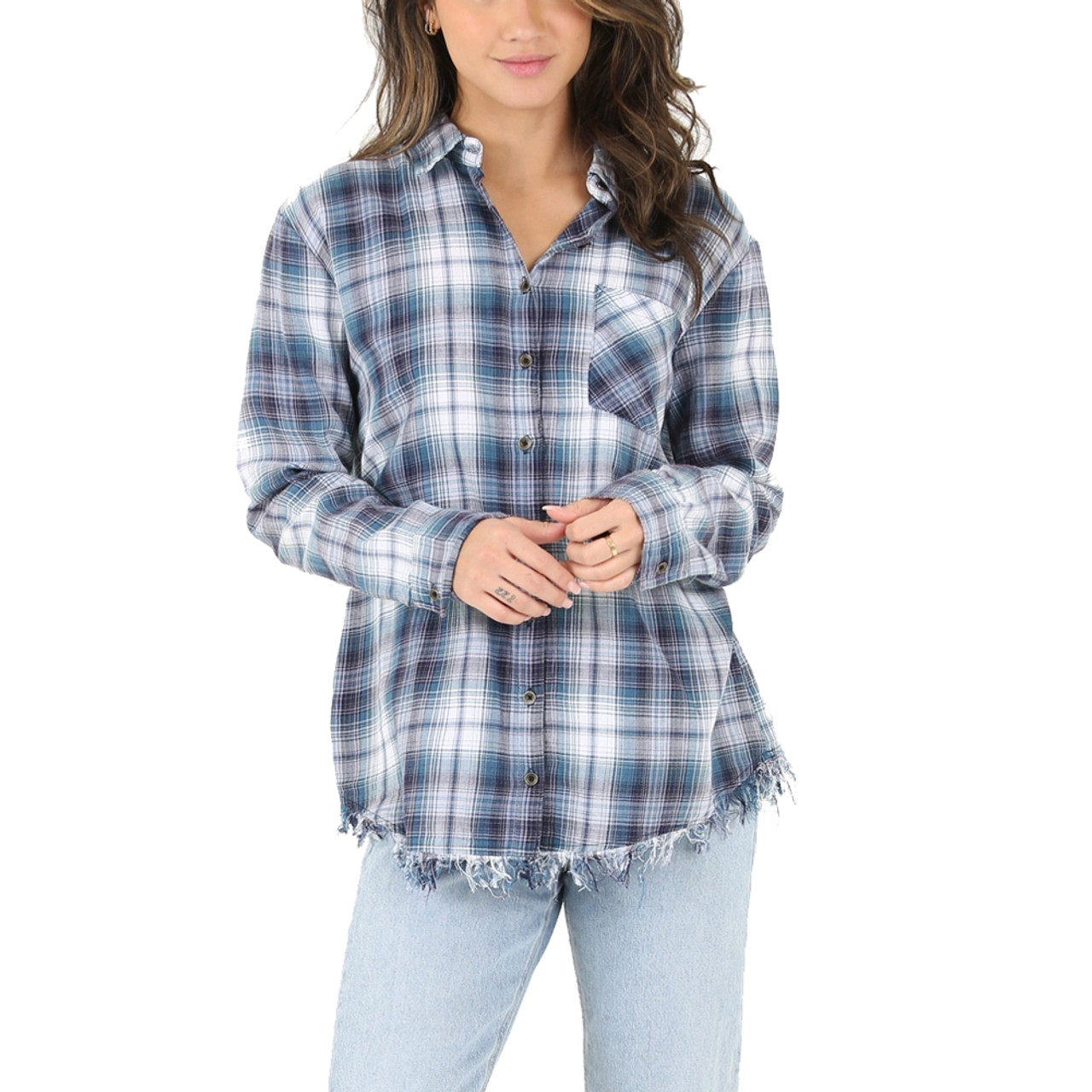 ANGIE BLUE PLAID LONG SLEEVE TOP | PURPLE LEOPARD BOUTIQUE