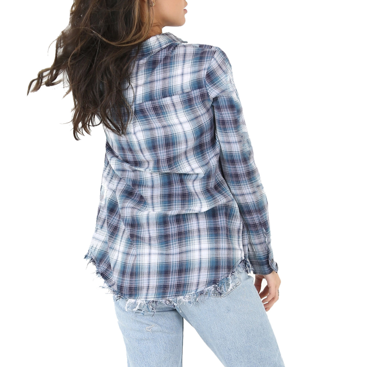 ANGIE BLUE PLAID LONG SLEEVE TOP | PURPLE LEOPARD BOUTIQUE