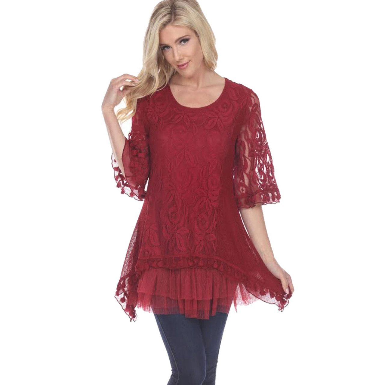 Pretty Angel Red Lace Long Sleeve Tunic Top